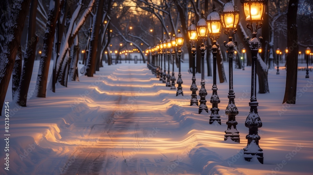 Poster ornate street lamps line a snowy boulevard, casting intricate patterns and creating a mesmerizing sc