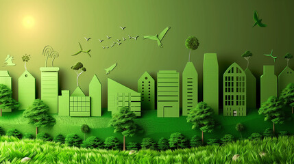 Green City With Trees and Birds Flying