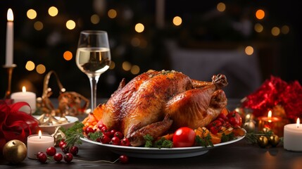  A roasted turkey garnished with cranberries and herbs, served on a platter with a glass of white wine in the background