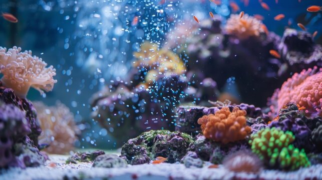 Tiny vortexes and eddies form around certain particles creating a sense of movement and energy in the otherwise calm tank.