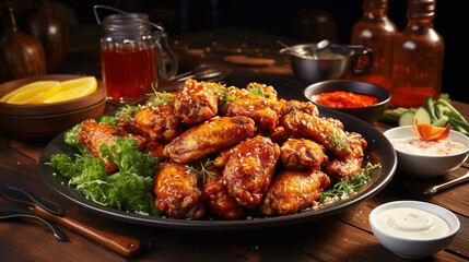 Fototapeta premium Freshly cooked pub food on rustic table with fried chicken