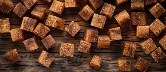 Fototapeta premium Wood table covered with cubes of food