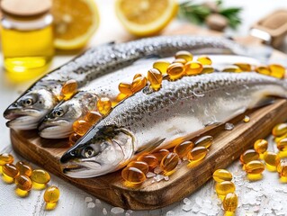 Product photography of fish oil capsules on a wooden table with a blurred background. The fish are arranged in a visually appealing way and the lighting is soft and natural.