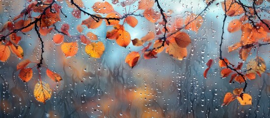 Rain-covered window with autumn leaves