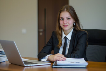 A professional shot of the girl dressed in business attire, sitting confidently at a desk with a laptop and financial documents.