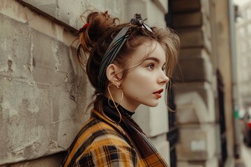 A profile shot of the girl walking confidently down a city street, wearing trendy clothing and accessories.