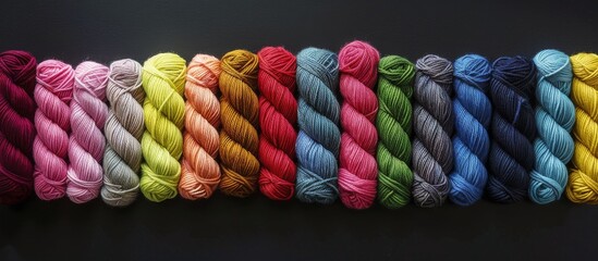 Multicolored Yarn Skeins in a Row