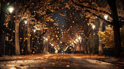 Tree-lined avenues weave a tapestry where streetlights and falling leaves create an enchanting...
