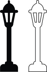 street light lamps and spotlights flat and line icon set. Old and modern street lamp black silhouette city vintage glowing in darkness road in dusk vector collection isolated on transparent background