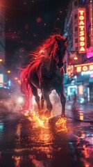 A realistic photo of an extremely muscular horse with a glowing red mane, in a full body shot, running in the dark street at night, with flames and neon lights