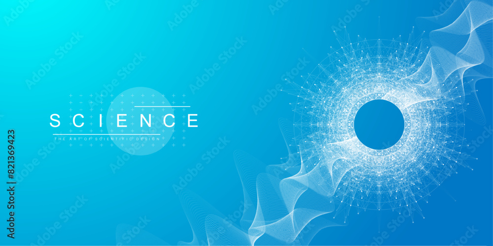 Poster Scientific vector illustration quantum computer technology. Plexus fiction effect. Deep learning artificial intelligence. Big data algorithms visualization. Quantum explosion background.