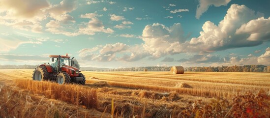 Tractor driving through field of wheat