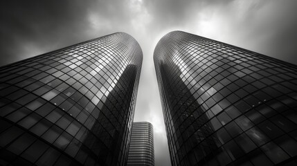 A dramatic perspective of modern skyscrapers with glass facades against a stormy sky, showcasing...