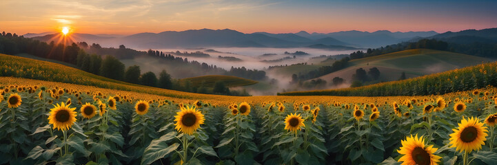 Scenic panorama of sunflower field at sunrise with foggy mountains in the backdrop
