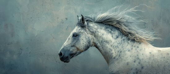 White horse with long hair in front of wall - Powered by Adobe