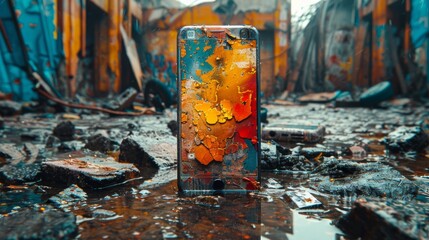 Paint a scene of a broken smartphone with a damaged speaker or microphone, producing distorted audio or no sound at