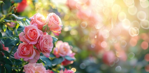 Obraz premium Beautiful pink roses in the garden with sunlight and bokeh background banner, wide panorama Spring floral background Generative AI