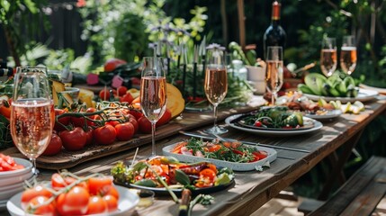 holiday summer brunch party table outdoor in a house backyard with appetizer, glass of ros?(C) wine, fresh drink and organic vegetables