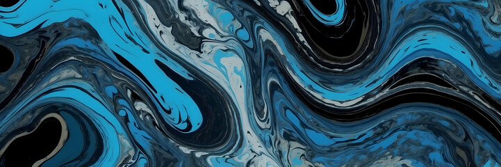 Elegant fluid art pattern with swirling blue and black colors creating an abstract, marble-like design
