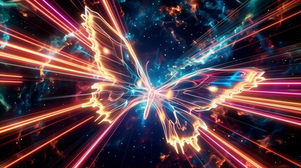  A captivating portrayal of the speed of light, captured in a mesmerizing display of neon streaks against the backdrop of an abstract cosmic butterfly, its form pulsating with the energy of the univer