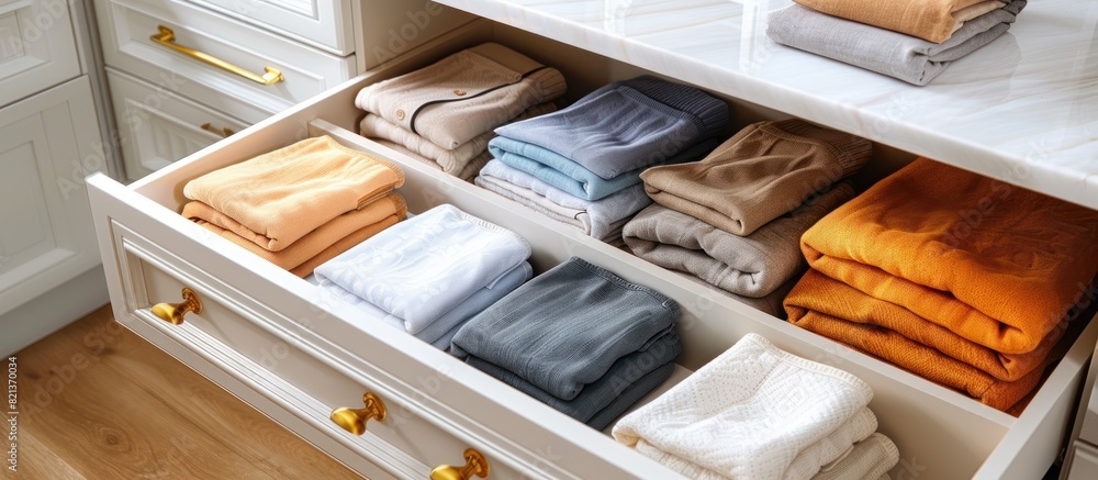 Poster a drawer filled with neatly folded towels, organized and stored vertically, creating a tidy and effi