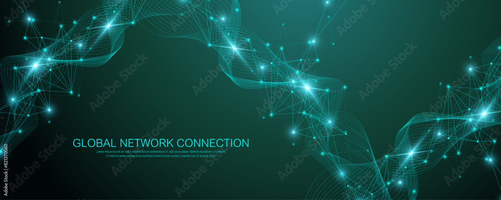 Aufkleber Global network connection banner design template. Header social network communication in the global business concept. Big data visualization. Internet technology