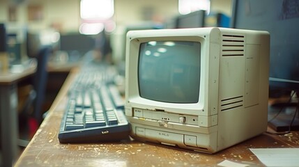 Vintage computer monitor with keyboard on an old wooden desk in a retro office setting, highlighting the nostalgia of early computer technology