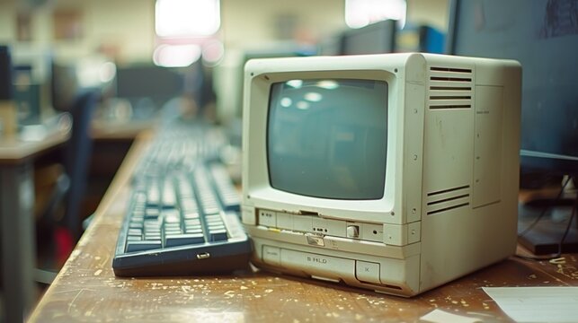 Vintage computer monitor with keyboard on an old wooden desk in a retro office setting, highlighting the nostalgia of early computer technology