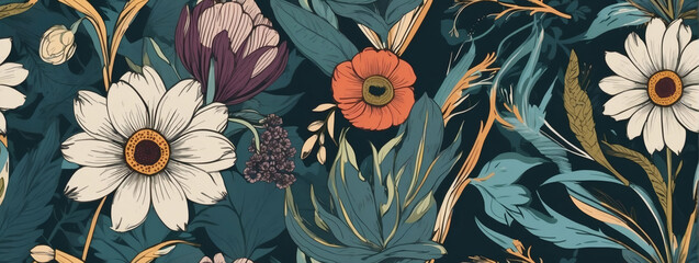 a seamless pattern of vintage flowers and botanical elements, evoking a classic aesthetic.