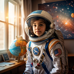 Kid Astronaut Space Suit Inside School Science Classroom Hopeful Aspiring Future Career Job Occupation Concept
