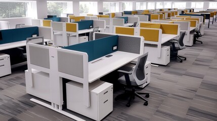 A modern open-plan office environment with rows of ergonomic desks, chairs, and partitioned workspaces designed to promote productivity and collaboration