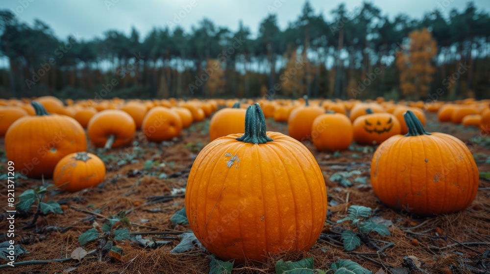 Sticker Illustrate a scene of families visiting a pumpkin patch on a crisp autumn day, with rows of pumpkins in various