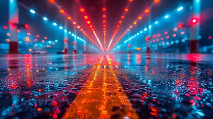 A futuristic parking lot illuminated with vibrant red and blue lights reflecting on the wet ground at night, creating a mesmerizing, otherworldly ambiance