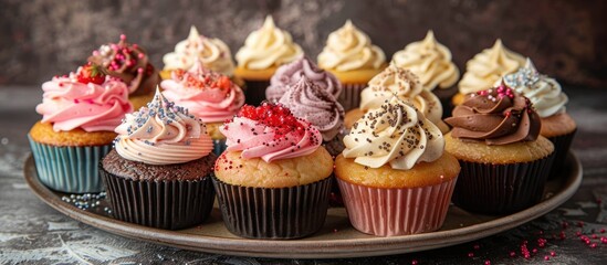 Plate of colorful cupcakes with frosting and sprinkles