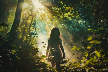 A young girl explores a lush forest, her curiosity piqued by the wonders of nature surrounding her.