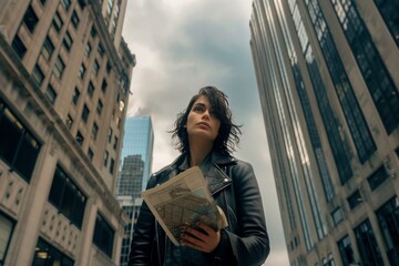 Fototapeta premium A young woman in a weathered leather jacket stands in the midst of a bustling city street