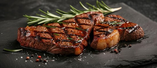 Two steaks on black plate with rosemary