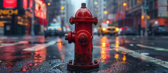 Red fire hydrant on wet city street - Powered by Adobe