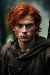 Fototapeta premium Handsome redhead red haired elf man in the fantasy mythical forest.