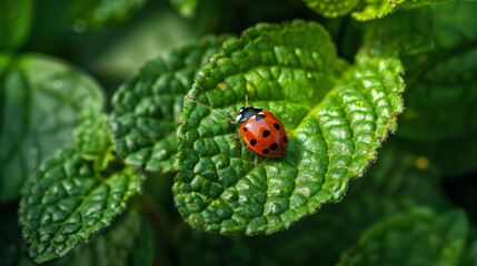Fototapeta premium Vibrant green leaf providing a resting spot for a charming ladybug in a natural setting. 