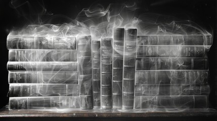 X-ray scan of a stack of books, showing the pages, bindings, and titles.