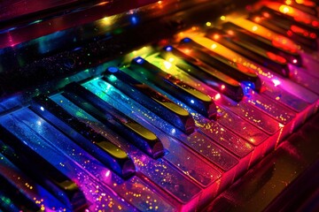 Abstract piano keys illuminated with colorful lights, creating an enchanting and musical atmosphere for music-themed designs.