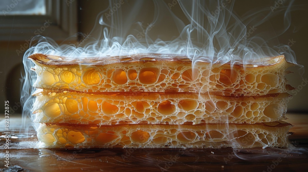Poster x-ray scan of a stack of pancakes, highlighting the layers and texture.