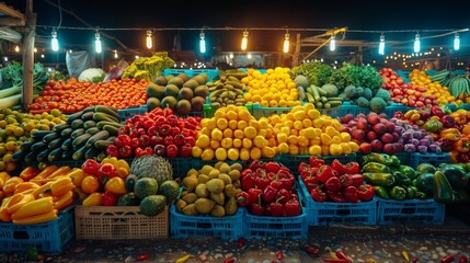 Fototapeta premium A colorful and vibrant display of various fruits and vegetables arranged in blue crates at a bustling farmers market during nighttime under bright lights