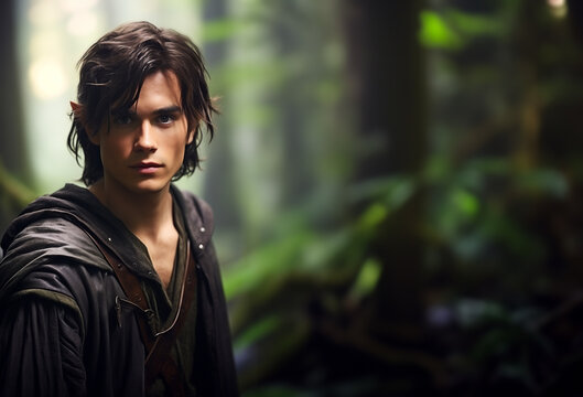 Handsome black haired young elf man in the fantasy mythical forest.