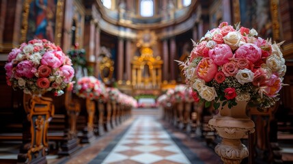 Lavishly decorated interior of a grand cathedral showcasing intricately arranged pink and white floral bouquets along the aisle leading to the altar