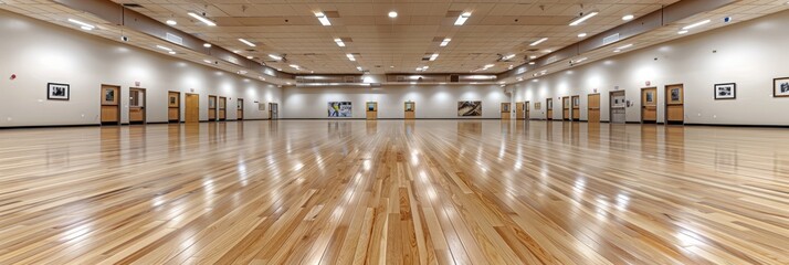 A spacious modern indoor hall with polished wooden floors, bright ceiling lights, and framed artworks on the walls exuding an elegant atmosphere