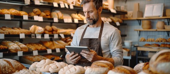 Young man in apron using tablet in modern bakery