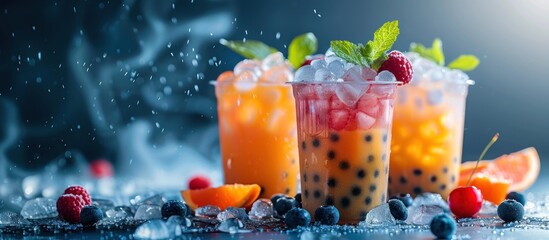 Close up of three refreshing drinks with fruit