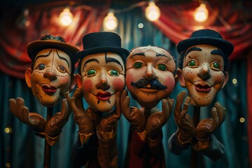 Obraz premium Four vintage puppet heads with expressive faces, set against a backdrop of stage curtains and warm lighting